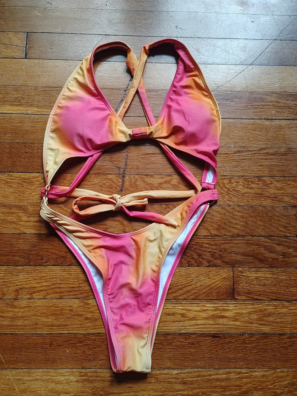 Pink Tie-dye Cutout One Piece Bikini Swimsuit 2 Pieces Connected Small Medium